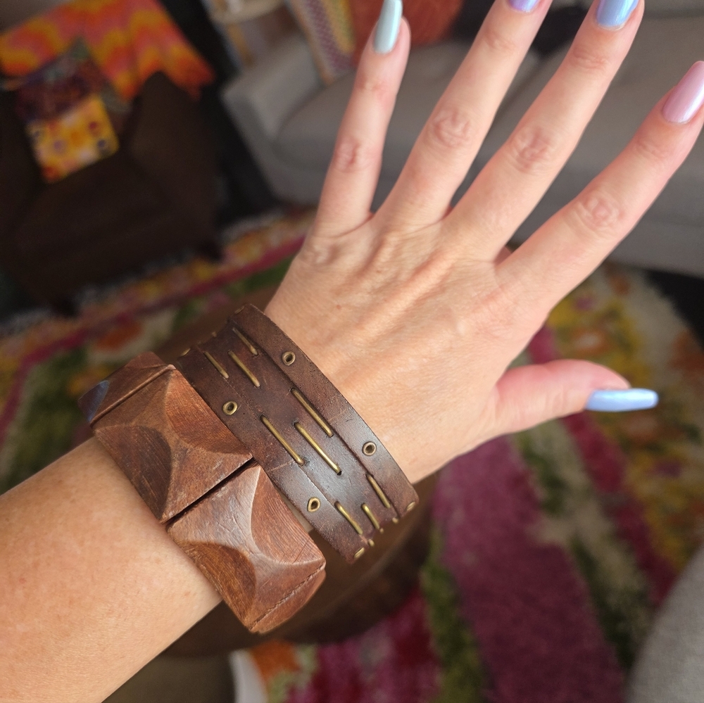 Vintage 90s Pair Of Bohemian Wood Jewelry Brown Wooden Bracelets